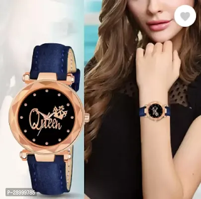 Fashionable Black Dial Genuine Leather Analog Watch For Women-thumb0