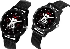 Stylish Black PU Analog Watches Combo For Couple-thumb1