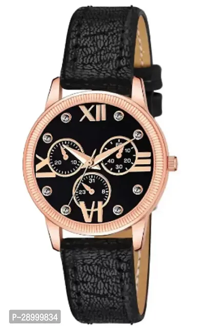 Fashionable Black Dial Genuine Leather Analog Watch For Women-thumb0