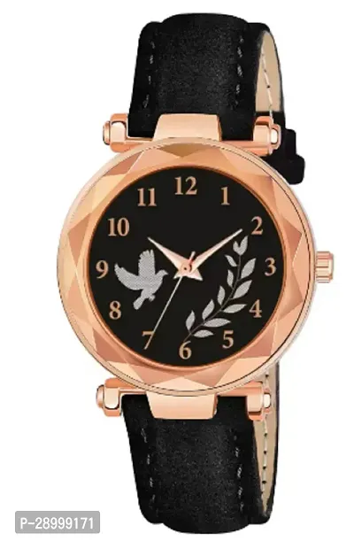 Fashionable Black Dial Genuine Leather Analog Watch For Women-thumb0