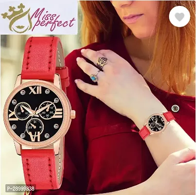 Fashionable Black Dial Genuine Leather Analog Watch For Women-thumb0