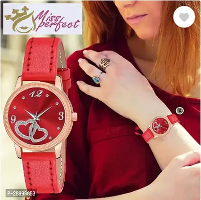 Fashionable Red Dial Genuine Leather Analog Watch For Women-thumb0