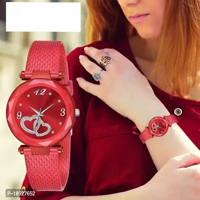 Stylish Red PU Analog Watches For Women And Girls