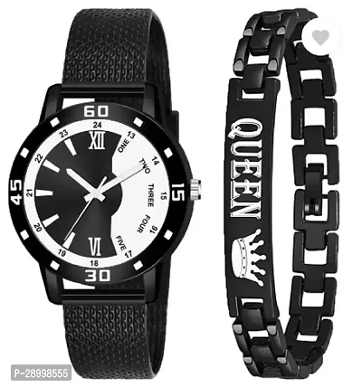 Stylish PU Black Dial Analog Watch With Bracelet Pack Of 2