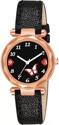 Fashionable Black Dial Genuine Leather Analog Watch For Women-thumb1