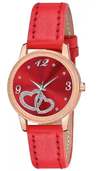 Fashionable Red Dial Genuine Leather Analog Watch For Women-thumb1