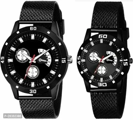 Modern Black PU Analog Watches For Couple Pack Of 2-thumb0