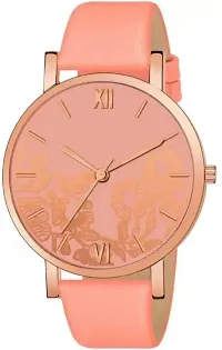 Fashionable Peach Dial Genuine Leather Analog Watch For Women-thumb2