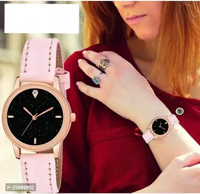 Fashionable Black Dial Genuine Leather Analog Watch For Women-thumb0