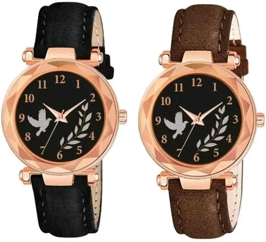 Bird And Leaf Classic Design Dial Leather Strap Analog Watch For Girls/Women Pack Of 2