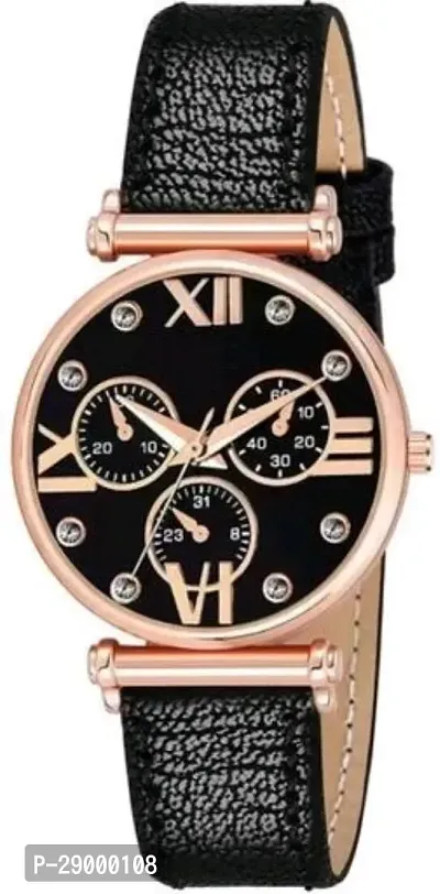 Fashionable Black Dial Genuine Leather Analog Watch For Women-thumb0