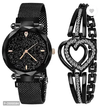 Stylish Metal Black Dial Analog Watch With Bracelet Pack Of 2