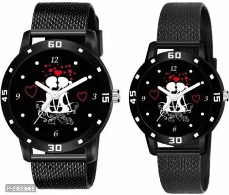 Stylish Black PU Analog Watches Combo For Couple-thumb0
