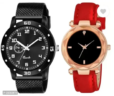 Modern Black PU Analog Watches For Couple Pack Of 2-thumb0