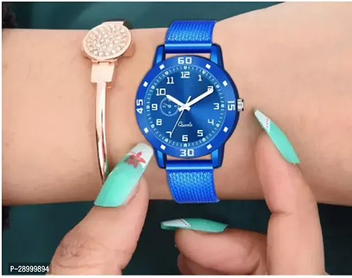 Fashionable Blue Dial PU Analog Watch For Women-thumb0