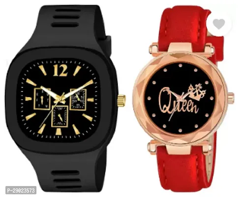 Stylish Multicoloured Genuine Leather Analog Watches Combo For Couple-thumb0