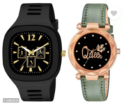 Stylish Multicoloured Genuine Leather Analog Watches Combo For Couple-thumb0