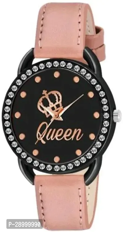 Fashionable Black Dial Genuine Leather Analog Watch For Women-thumb0