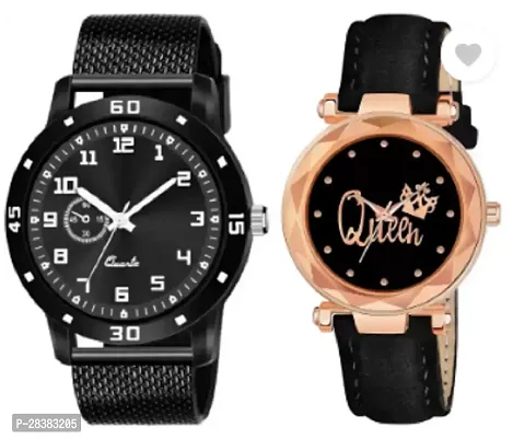 Modern Black PU Analog Watches For Couple Pack Of 2-thumb0