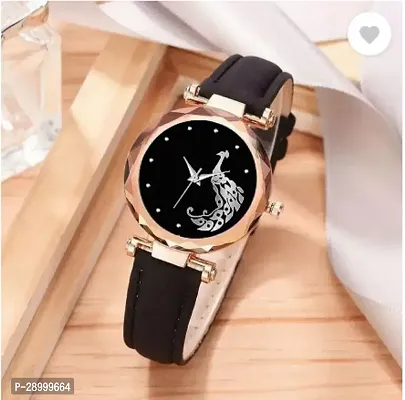 Fashionable Black Dial Genuine Leather Analog Watch For Women-thumb0