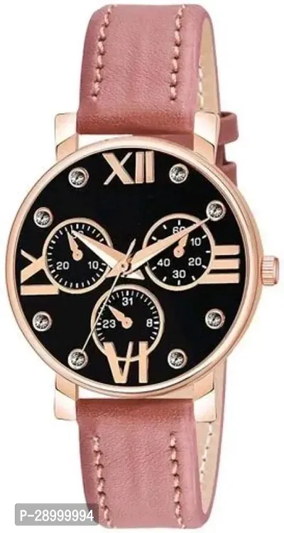 Fashionable Black Dial Genuine Leather Analog Watch For Women-thumb0