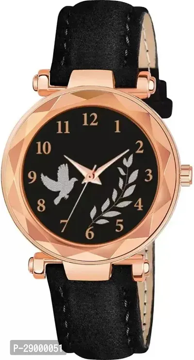 Fashionable Black Dial Genuine Leather Analog Watch For Women-thumb0