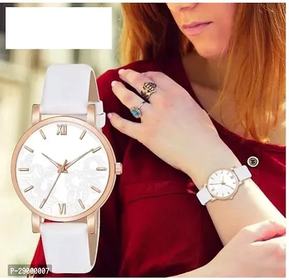 Fashionable White Dial Genuine Leather Analog Watch For Women-thumb0