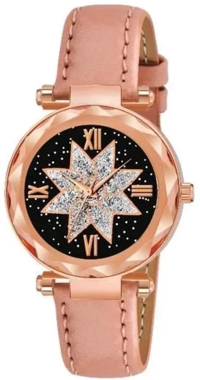 KIARVI GALLERY Analogue Star Flower Designer Dial Leather Strap Watch for Girls and Women(Black)