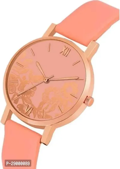 Fashionable Peach Dial Genuine Leather Analog Watch For Women-thumb2