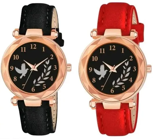 Bird And Leaf Classic Design Dial Leather Strap Analog Watch For Girls/Women Pack Of 2