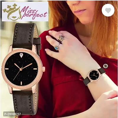 Fashionable Black Dial Genuine Leather Analog Watch For Women-thumb0