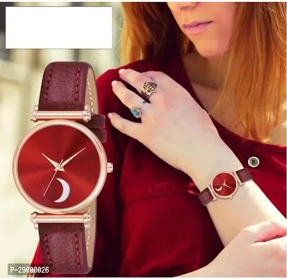 Fashionable Red Dial Genuine Leather Analog Watch For Women