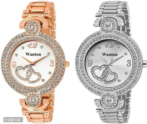 Diamond studded rose gold and silver bracelet combo watches for women-thumb0