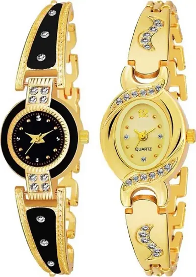 Beautiful Crystal Studded Golden Analog Watches for Women in a pack of 2