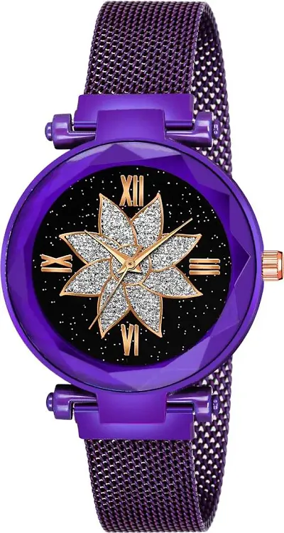 KIARVI GALLERY Flower Star Dial Designer with Magnetic Metal Strap Analog Watch for Girl's and Women