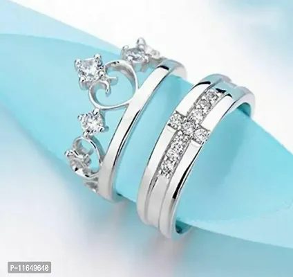 Silver Plated 2 Pcs Shape Matching Crown and Promise Couple Rings for Lovers Unisex