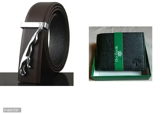 Stylish Faux Leather Textured Belts And Wallets For Men- 2 Pieces