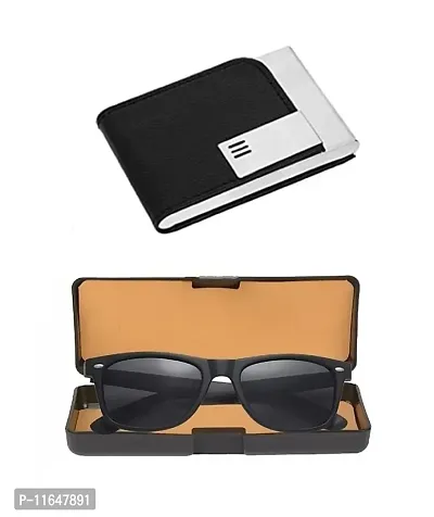 Designer PU Textured Stainless Steel Card Holder And Black Wayfarer Sunglasses For Men-thumb0