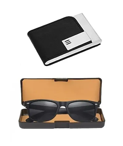 Stylish Faux Leather Textured Card Holder with Sunglasses Set