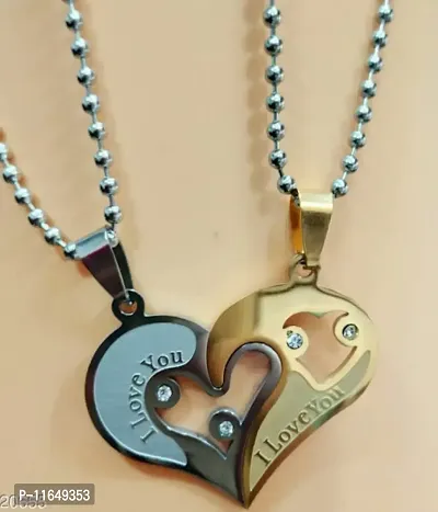 Couples and Lovers Valentine Special Broken Two Half Heart Shape Love Pendant Locket Chain With Nug-thumb0
