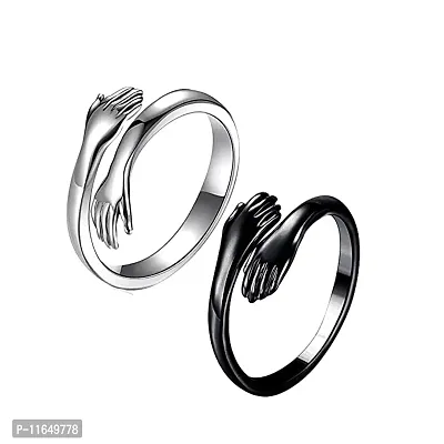 Amazing I Love U Hand Style Hug Stainless Steel Rhodium Plated Promise Anniversary Ring For LoversCouples (Pack of 2)