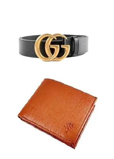 Stylish Faux Leather Textured Belts And Wallets For Men- 2 Pieces