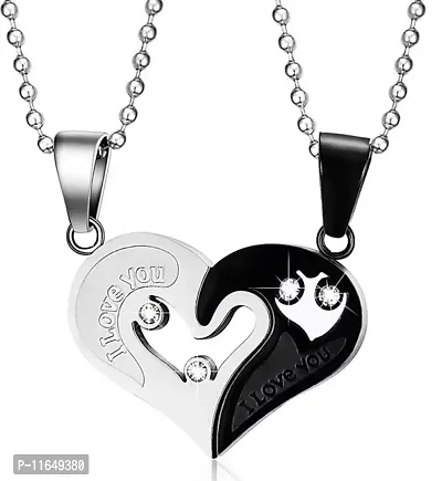 Couples and Lovers Valentine Special Broken Two Half Heart Shape Love Pendant Locket Chain With Nug