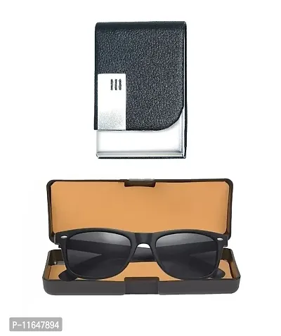 Designer PU Textured Stainless Steel Card Holder And Black Wayfarer Sunglasses For Men