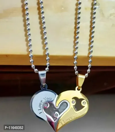 Couples and Lovers Valentine Special Broken Two Half Heart Shape Love Pendant Locket Chain With Nug-thumb0