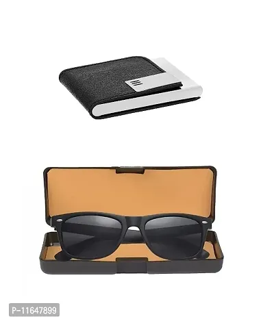 Designer PU Textured Stainless Steel Card Holder And Black Wayfarer Sunglasses For Men