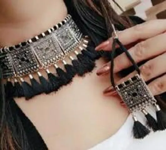 Oxidized Silver Choker Jewellery Set With Thread Tassels