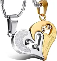 Couples and Lovers Valentine Special Broken Two Half Heart Shape Love Pendant Locket Chain With Nug-thumb1