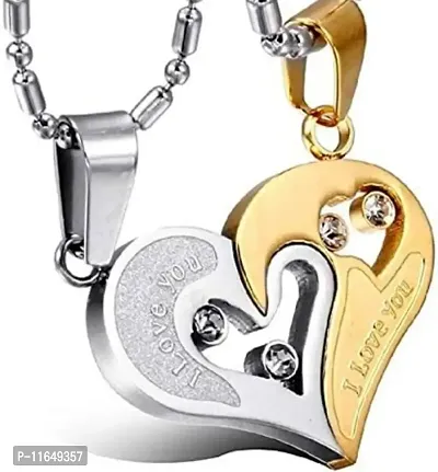 Couples and Lovers Valentine Special Broken Two Half Heart Shape Love Pendant Locket Chain With Nug-thumb2