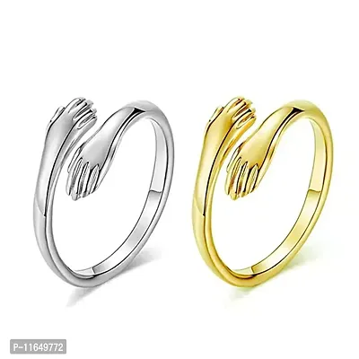 Amazing I Love U Hand Style Hug Stainless Steel Rhodium Plated Promise Anniversary Ring For LoversCouples (Pack of 2)